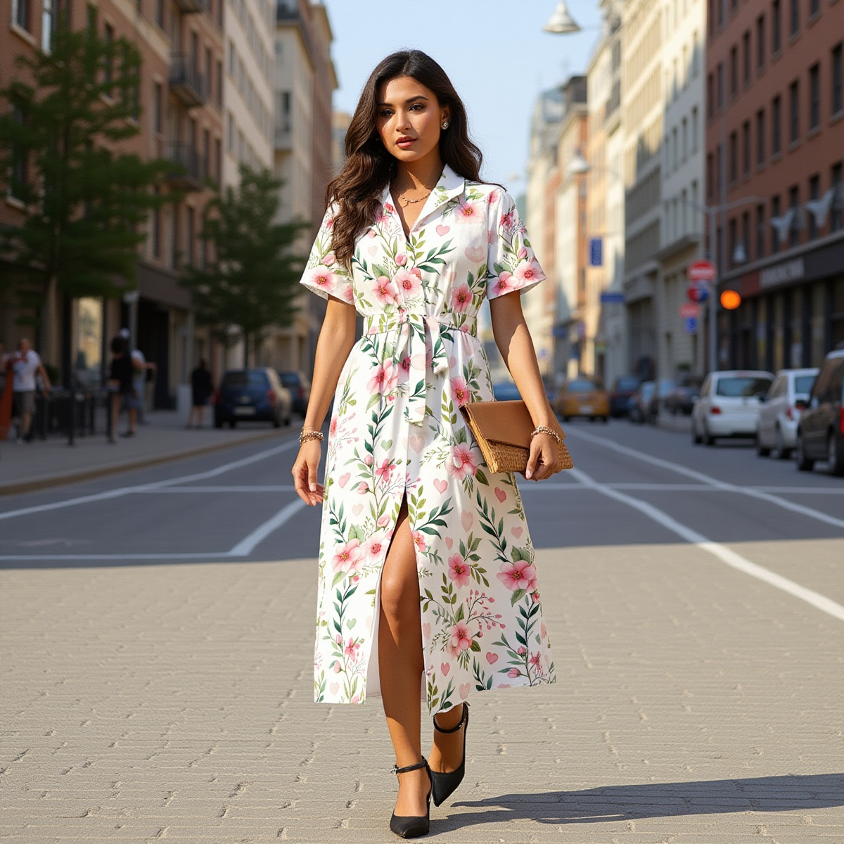 Floral Button Shirt Dress – Summer Waist Tie Midi Dress