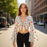 Floral Mesh Tie Front Top – Sheer Bell Sleeve Blouse