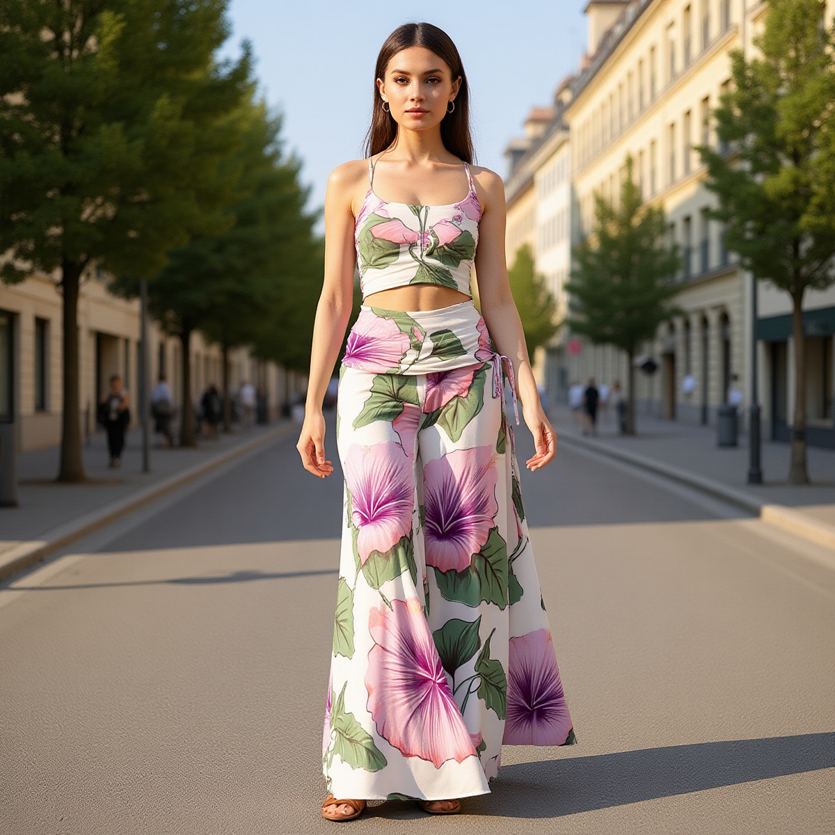 Floral Wide Leg Pants – High Waist Pink Flower Boho Trousers