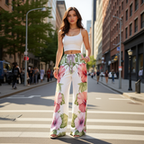 Floral Lounge Pants – Pink Flower Relaxed Straight Leg Trousers
