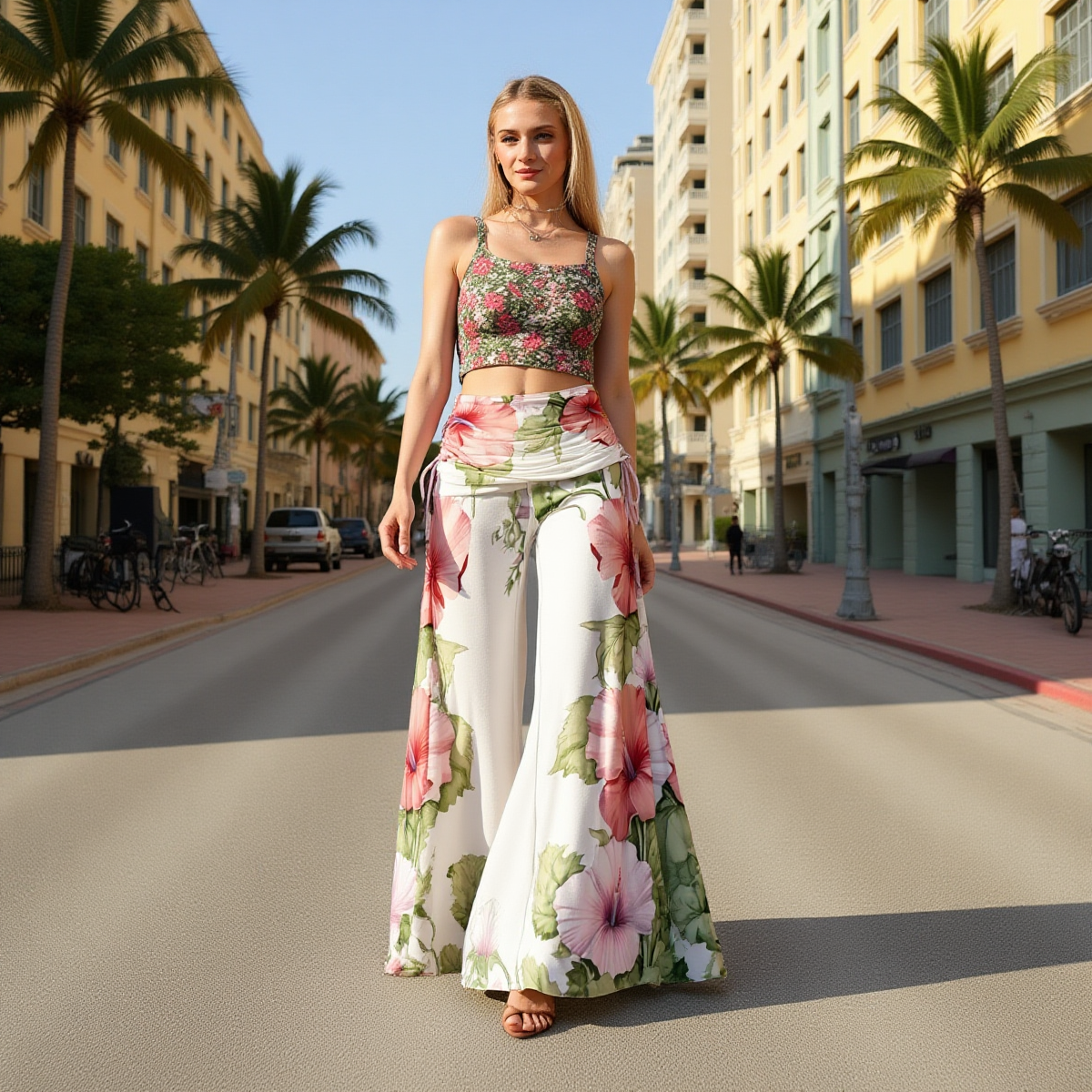 Floral Wide Leg Pants – Pink Hibiscus High Waist Trousers