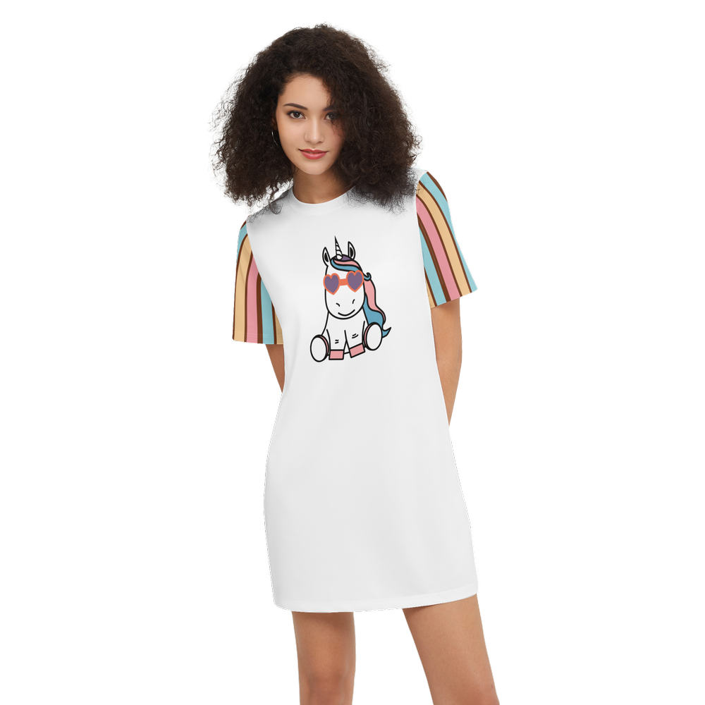 Kawaii Unicorn White Women's Short-Sleeve T-Shirt Dress-Heavyweight 225g
