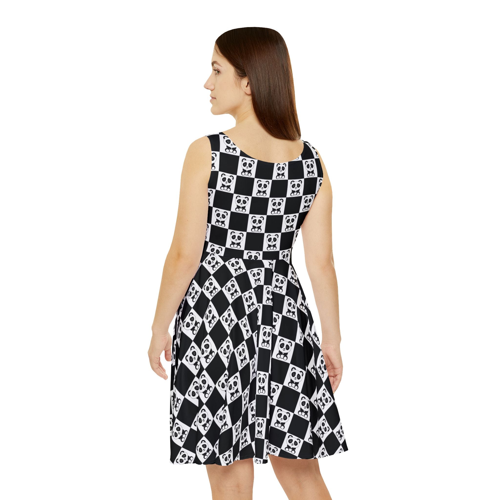 Pandas Chessboard Skater Dress, Women's Trendy Panda Print Flare Dress, Cute Animal Lover Fashion, Gift for Her, Casual Summer Wear