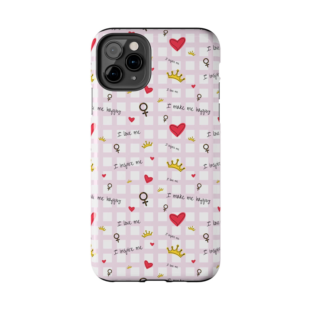 Cozy Hearts & Crowns Phone Case, Heart Design Protective Phone Cover, Crown Pattern Tough Case, Girly Phone Accessories, Valentine's Day