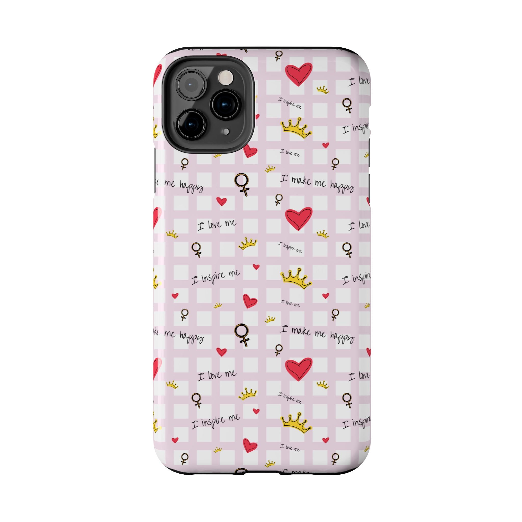 Cozy Hearts & Crowns Phone Case, Heart Design Protective Phone Cover, Crown Pattern Tough Case, Girly Phone Accessories, Valentine's Day