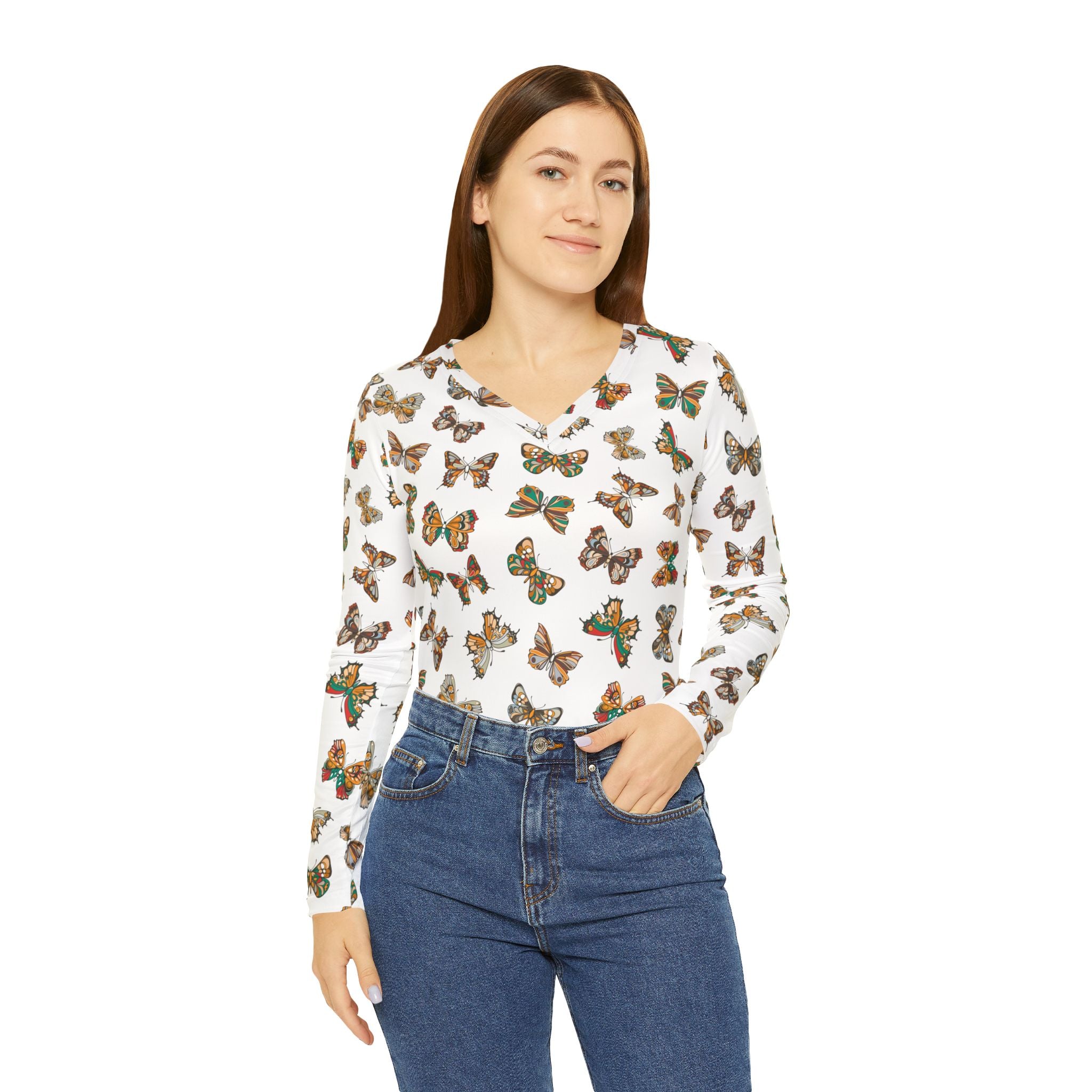Butterflies Pattern Women's Long Sleeve V-neck Shirt - Floral Butterfly Tee, Spring Fashion Top, Nature Lover Gift, Cute Insect Print