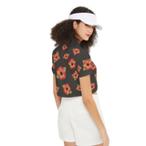 Poppy Flower Pattern Women's Short-Sleeve Crop Polo Shirt-Heavyweight 225g