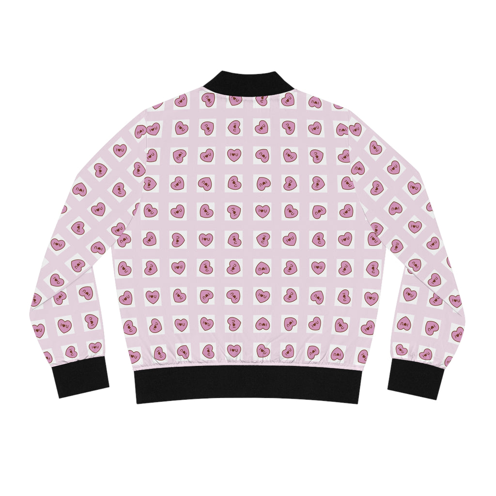 Rosa Grid Women's Bomber Jacket, I Love You Hearts, Valentine's Day Outerwear, Romantic Clothing, Pink Grid Jacket, Gift for Her