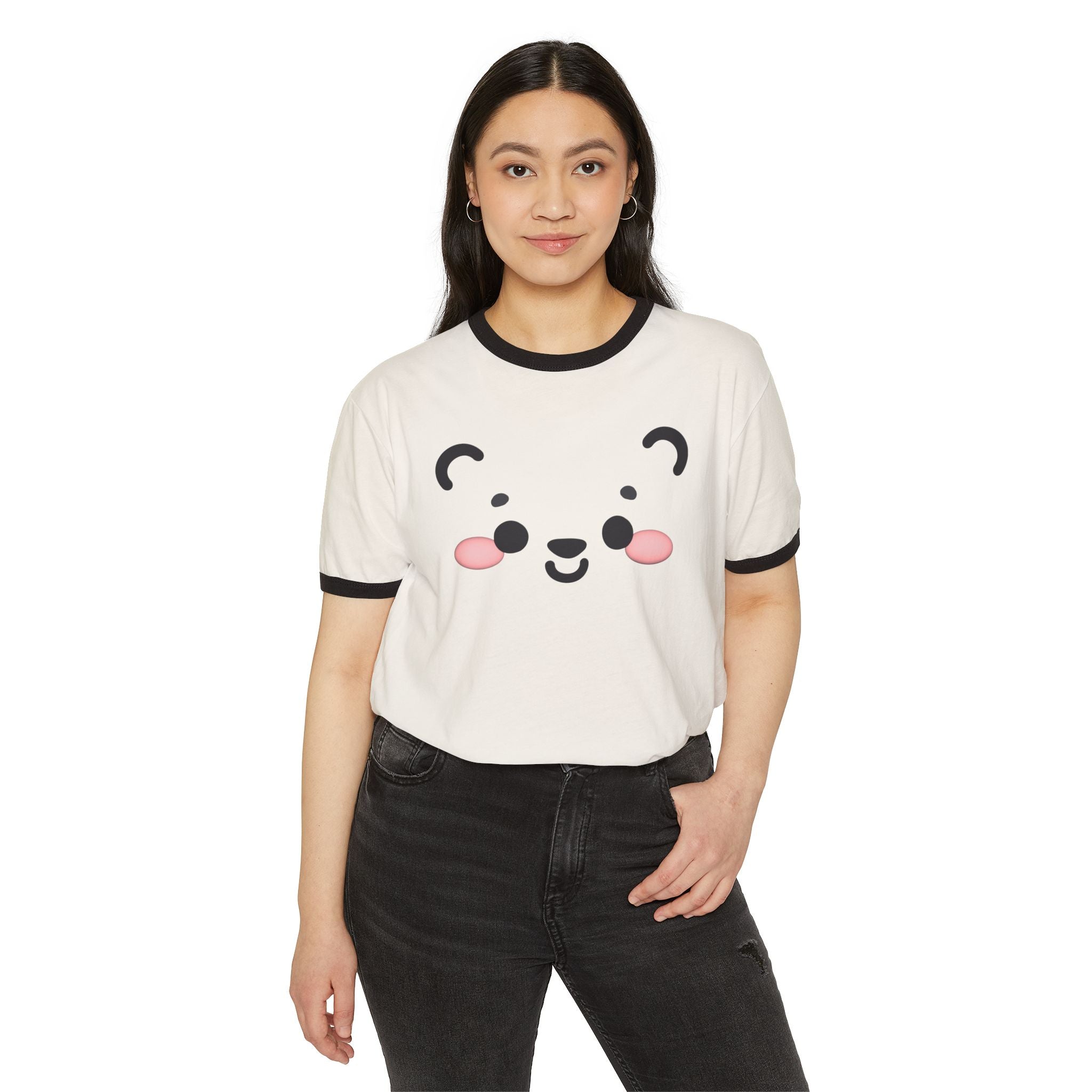 Kawaii Bear Face Cotton Ringer T-Shirt | Blush Bear Ringer Tee