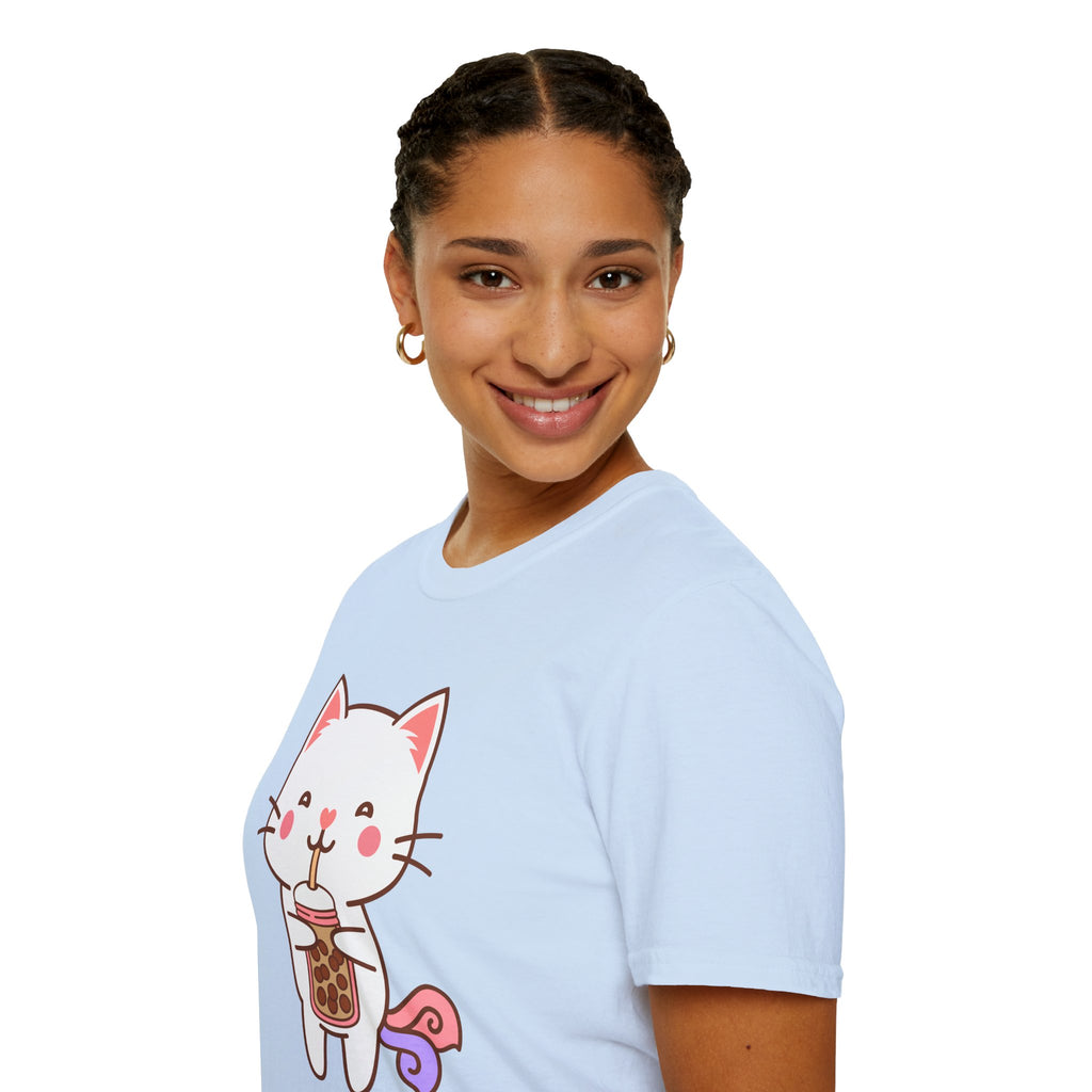 Cat Boba Tea Bubble Tea Anime Kawaii Neko Softstyle T-Shirt, Cute Japanese Kitty Drink Tee, Fun Cartoon Cat Lover Shirt, Trendy