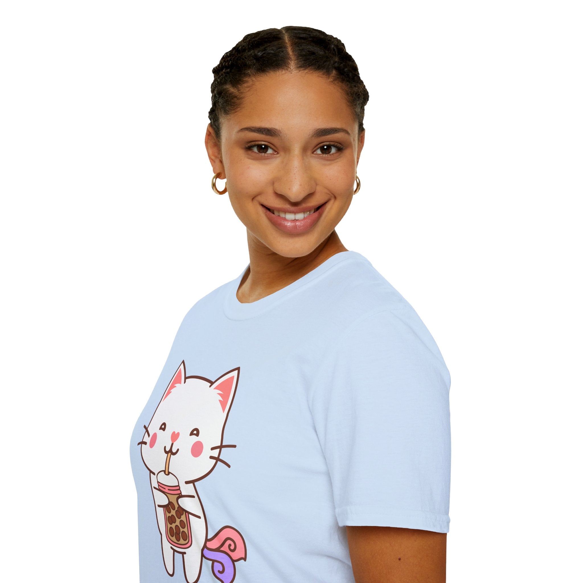 Cat Boba Tea Bubble Tea Anime Kawaii Neko Softstyle T-Shirt, Cute Japanese Kitty Drink Tee, Fun Cartoon Cat Lover Shirt, Trendy