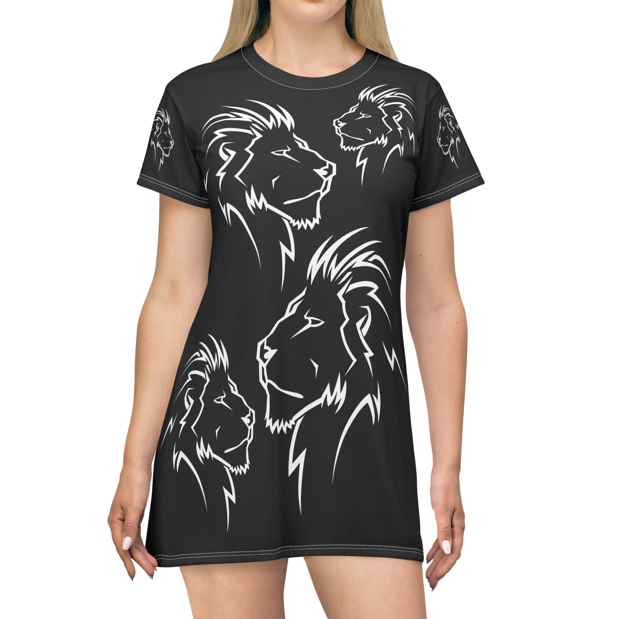 Lion Silhouettes T-Shirt Dress for Animal Lovers, Cute Graphic Tee Dress, Wildlife Print Mini Dress, Jungle Theme Clothing, Casual Summer