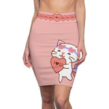 Kawaii Cat Pencil Skirt, Cute Kitty Skirt, Heart Print Women's Skirt, Cat Lover Gift, Animal Print Apparel, Valentine's Day Fashion,