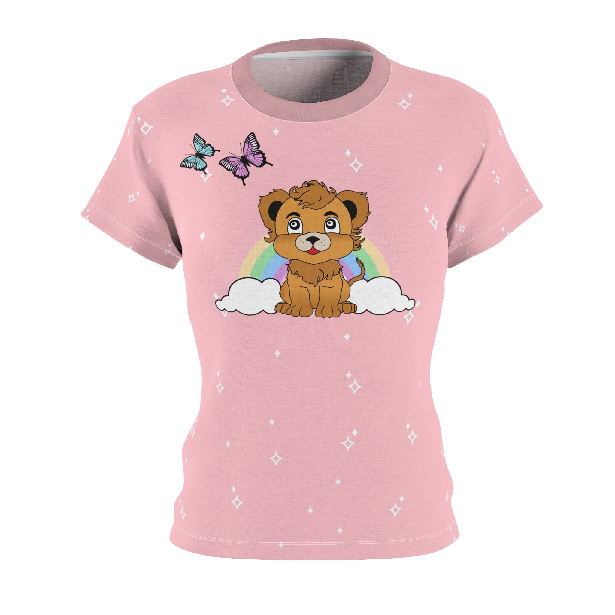 Cute Lion with Butterflies and Rainbow Pink Tee, Women's Graphic Tshirt, Animal Lover Gift, Colorful Nature Shirt, Wildlife Clothing, Summer