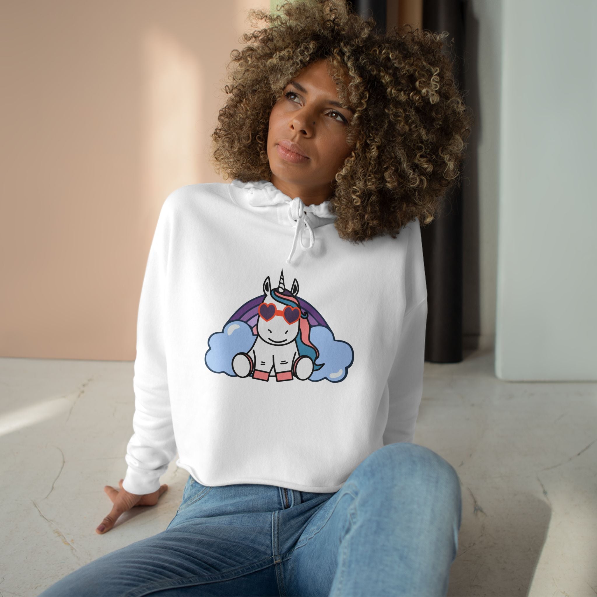 Unicorn with Rainbow Crop Hoodie - Magical Fantasy Lightweight Sweatshirt, Teens Girls Fashion Pullover, Colorful Trendy Jumper, Cute