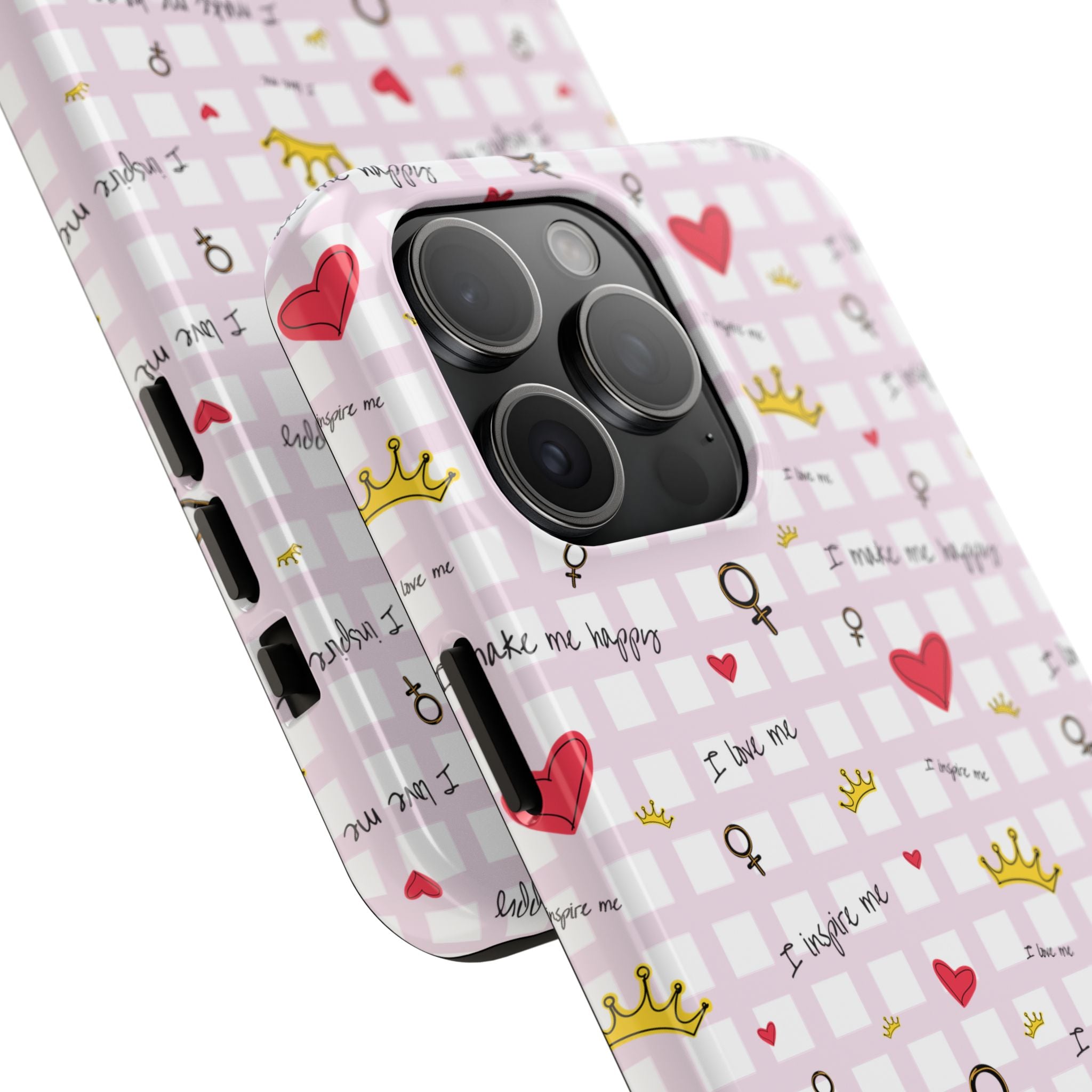 Cozy Hearts & Crowns Phone Case, Heart Design Protective Phone Cover, Crown Pattern Tough Case, Girly Phone Accessories, Valentine's Day