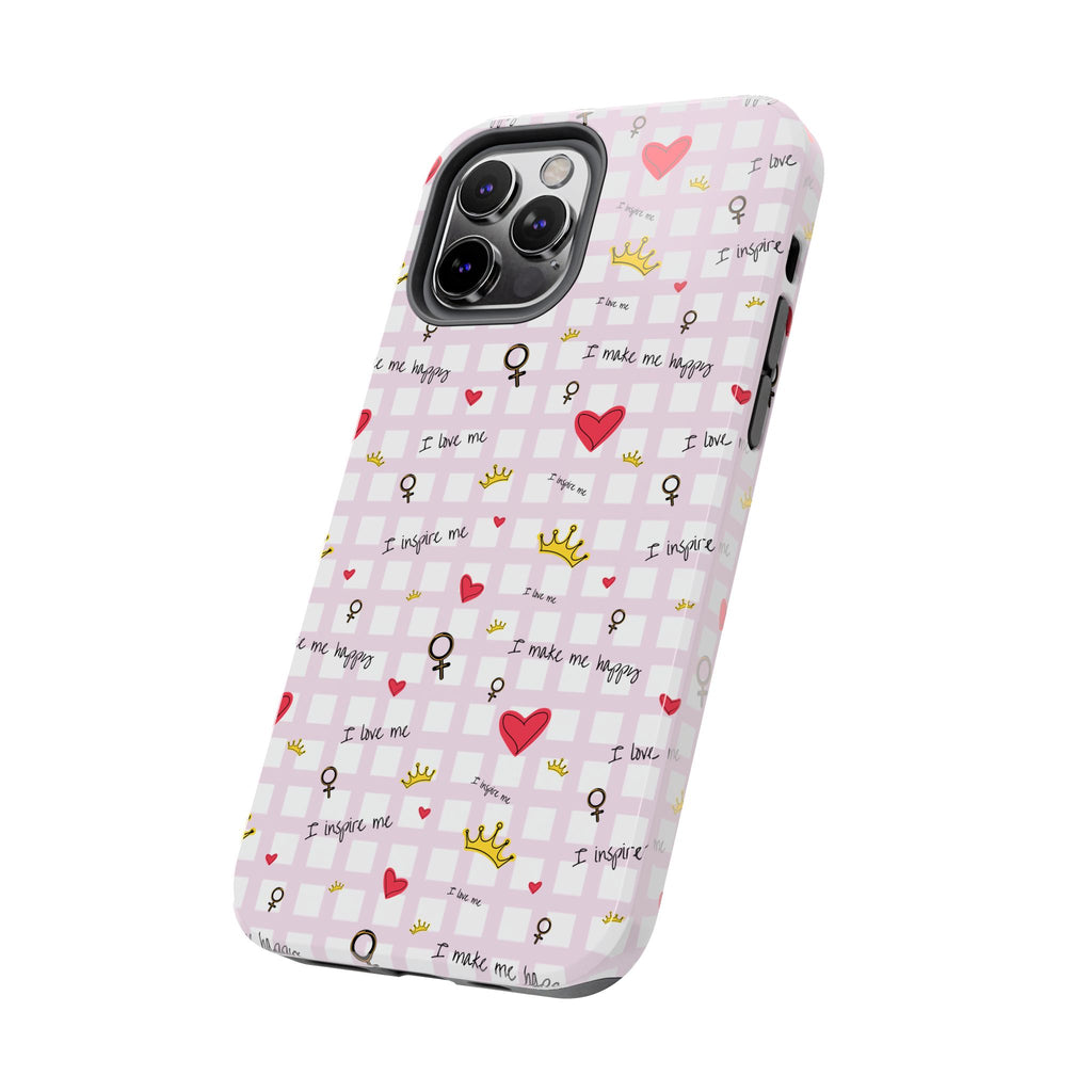 Cozy Hearts & Crowns Phone Case, Heart Design Protective Phone Cover, Crown Pattern Tough Case, Girly Phone Accessories, Valentine's Day