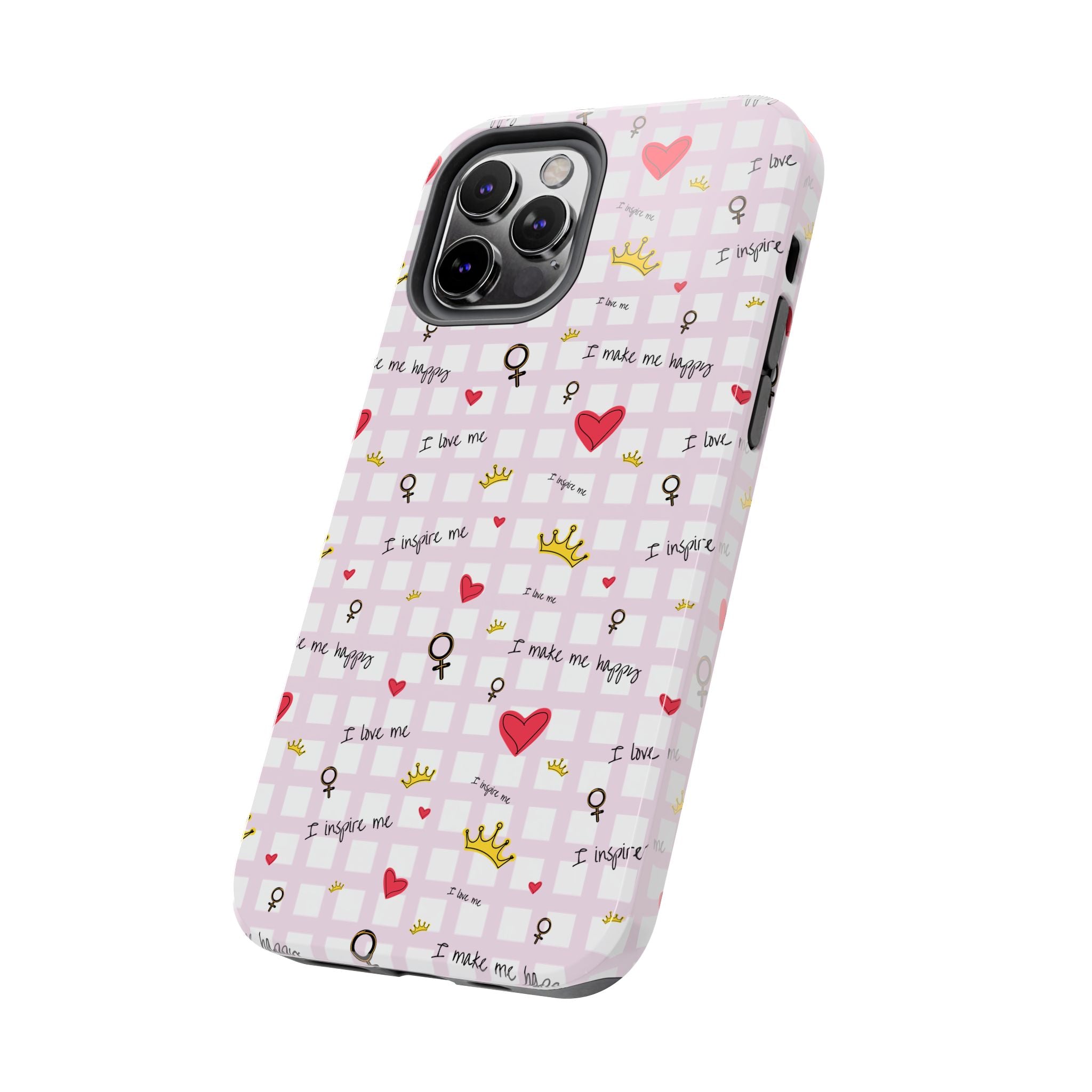 Cozy Hearts & Crowns Phone Case, Heart Design Protective Phone Cover, Crown Pattern Tough Case, Girly Phone Accessories, Valentine's Day