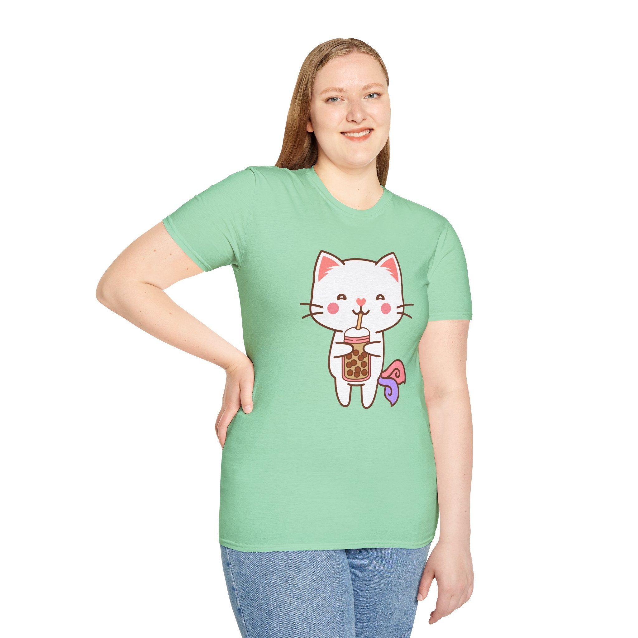 Cat Boba Tea Bubble Tea Anime Kawaii Neko Softstyle T-Shirt, Cute Japanese Kitty Drink Tee, Fun Cartoon Cat Lover Shirt, Trendy