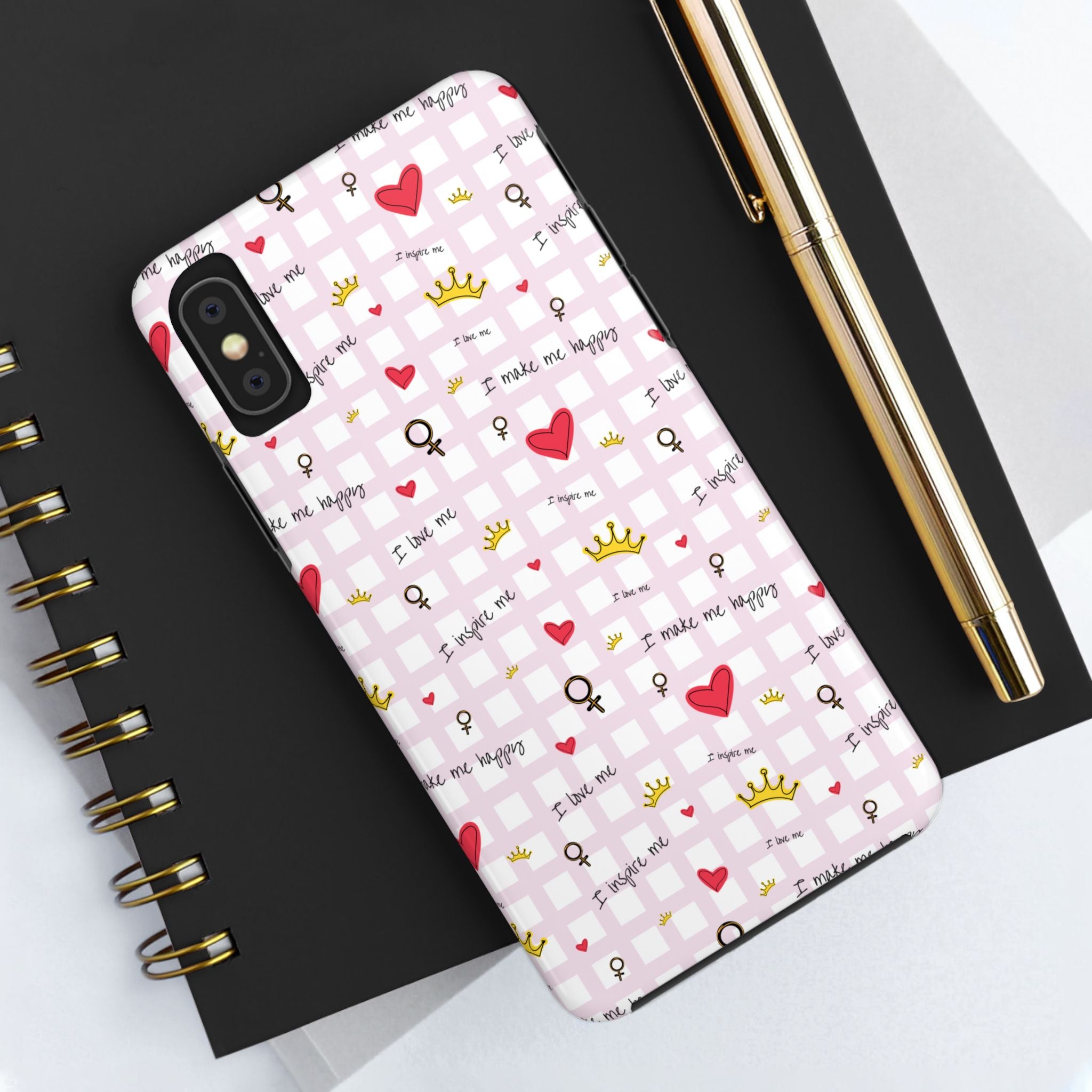 Cozy Hearts & Crowns Phone Case, Heart Design Protective Phone Cover, Crown Pattern Tough Case, Girly Phone Accessories, Valentine's Day