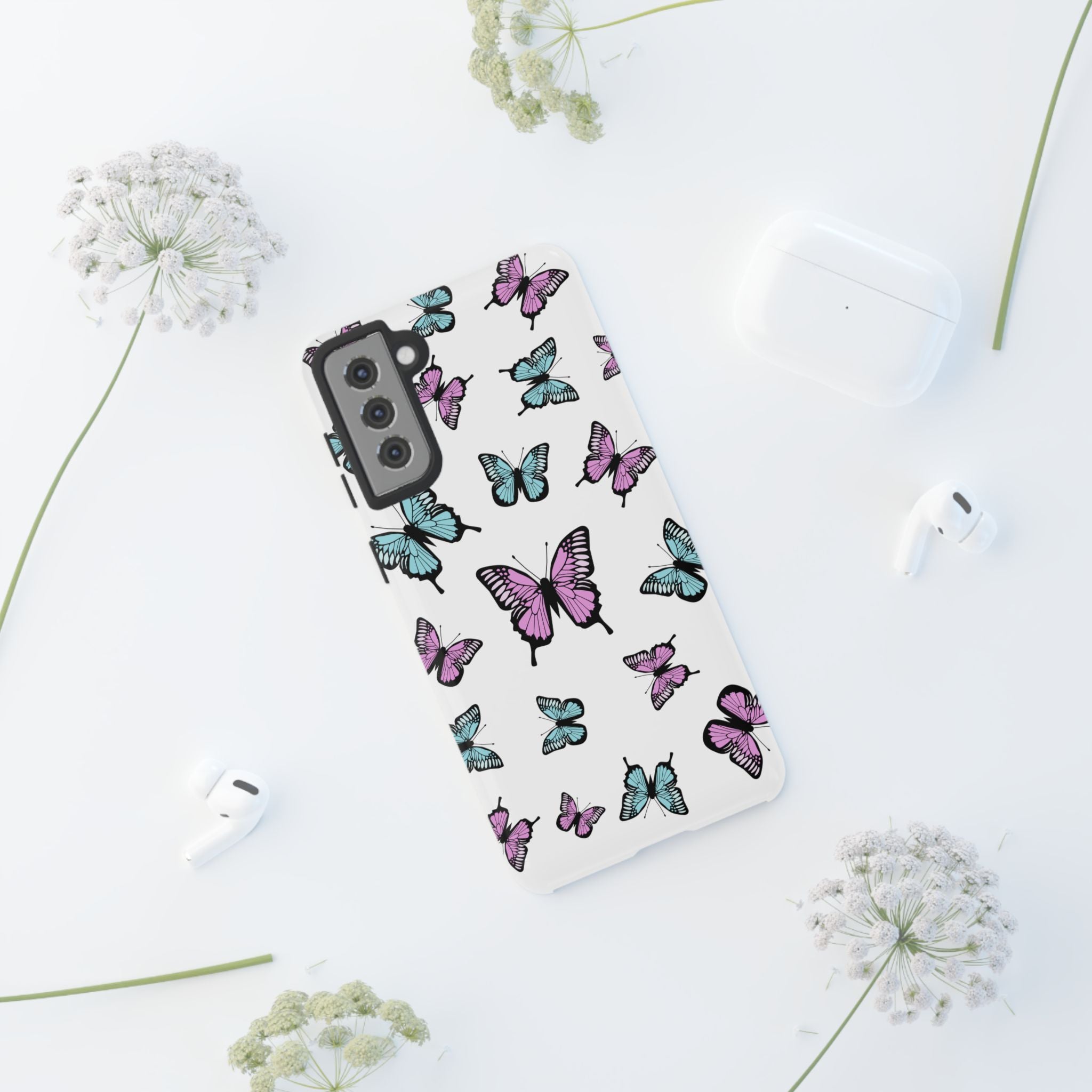 Butterfly Pattern White Background Phone Cases, Protective Cover, Strong Cases, Impact Resistant, Floral Design, Unique Gifts