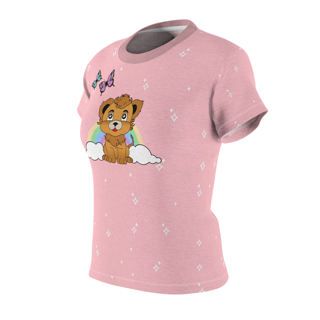 Cute Lion with Butterflies and Rainbow Pink Tee, Women's Graphic Tshirt, Animal Lover Gift, Colorful Nature Shirt, Wildlife Clothing, Summer