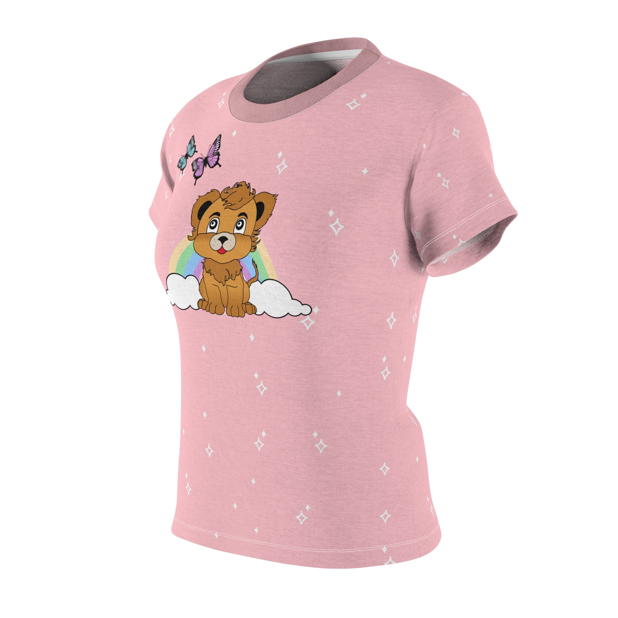 Cute Lion with Butterflies and Rainbow Pink Tee, Women's Graphic Tshirt, Animal Lover Gift, Colorful Nature Shirt, Wildlife Clothing, Summer