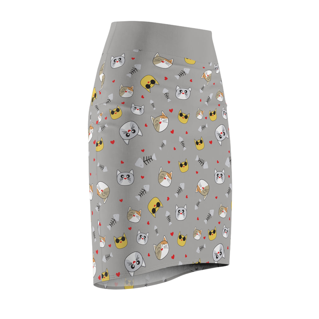 Cool Cats Pattern Gray Women's Pencil Skirt - Stylish Feline Print Women's Skirt, Cat Lover Fashion, Gray Skirt