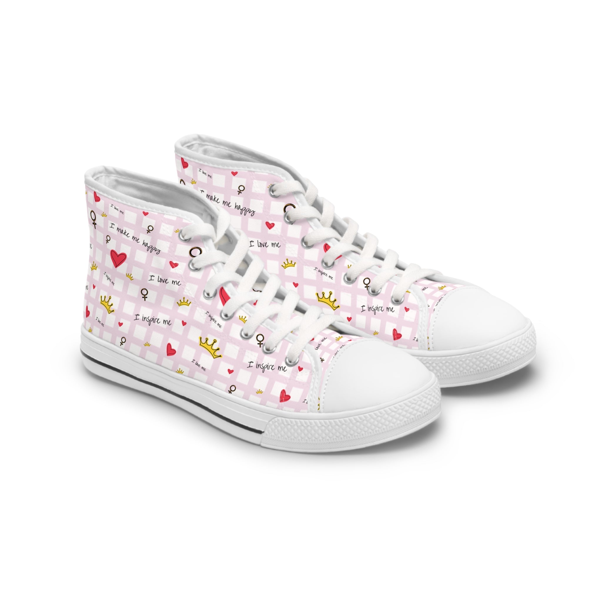 Cozy Hearts & Crowns High Top Sneakers for Women - Cute Heart Patterned Sneaker Shoes, Comfy Crown Design, Best Gift for Her, Trendy Casual