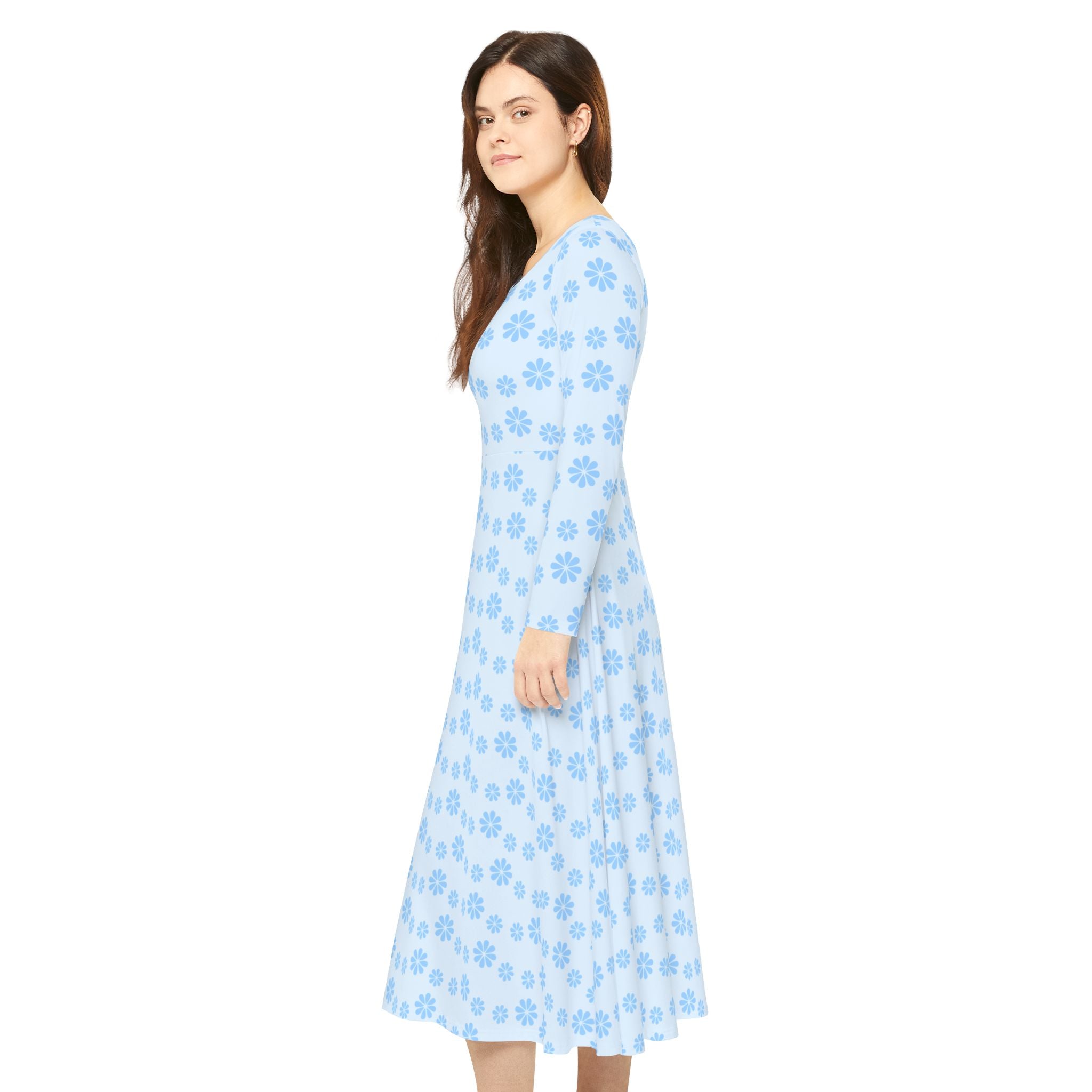 Long Sleeve Dance Dress - Light Blue Flowers