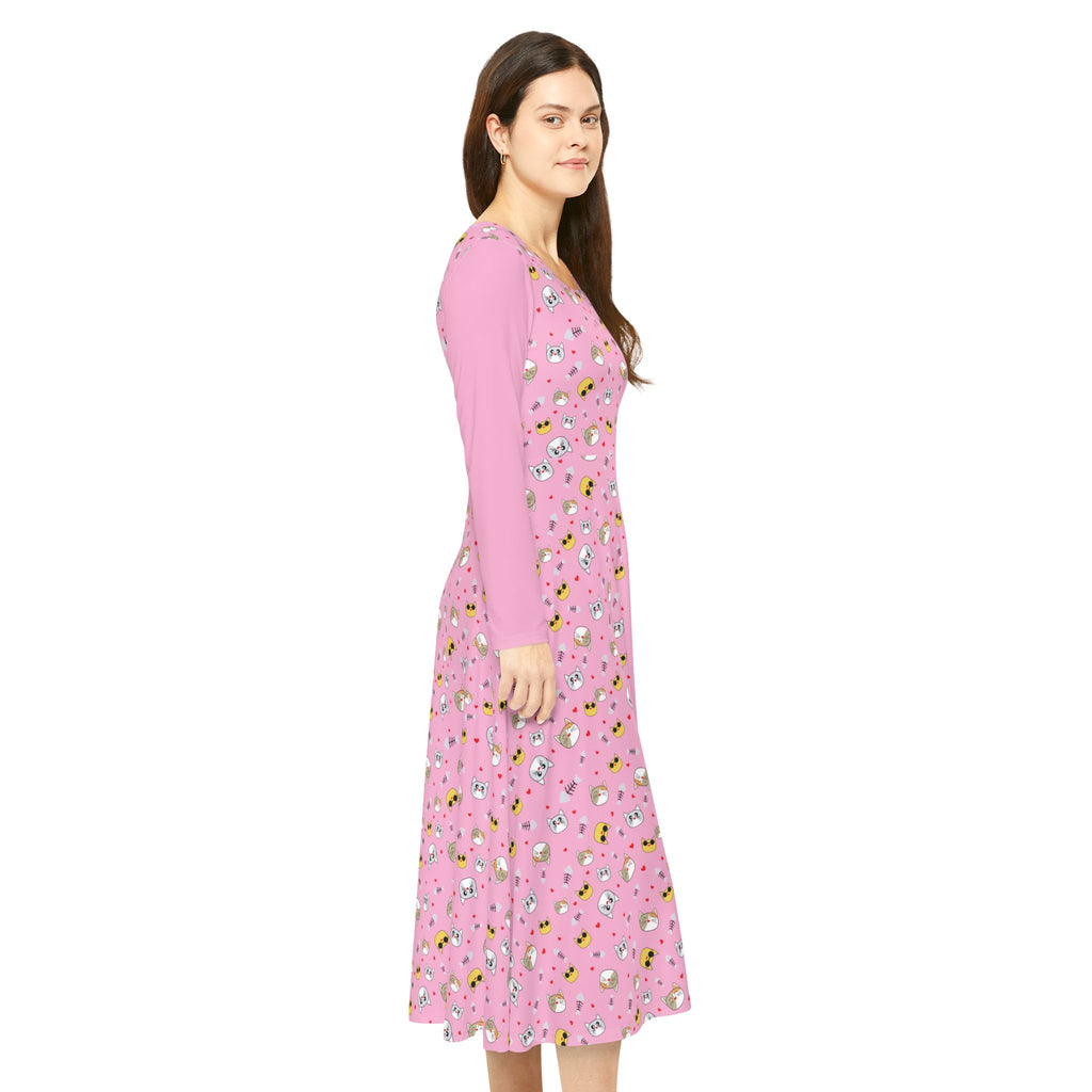Cool Cats Pattern Pink Women's Long Sleeve Dress
