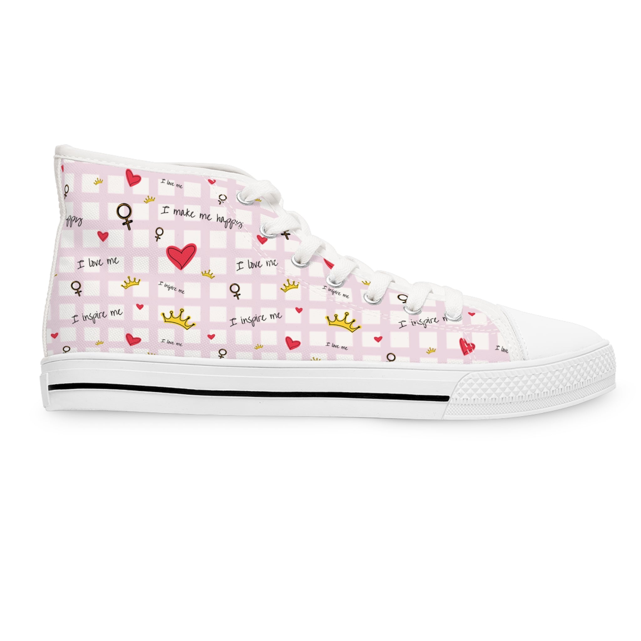 Cozy Hearts & Crowns High Top Sneakers for Women - Cute Heart Patterned Sneaker Shoes, Comfy Crown Design, Best Gift for Her, Trendy Casual