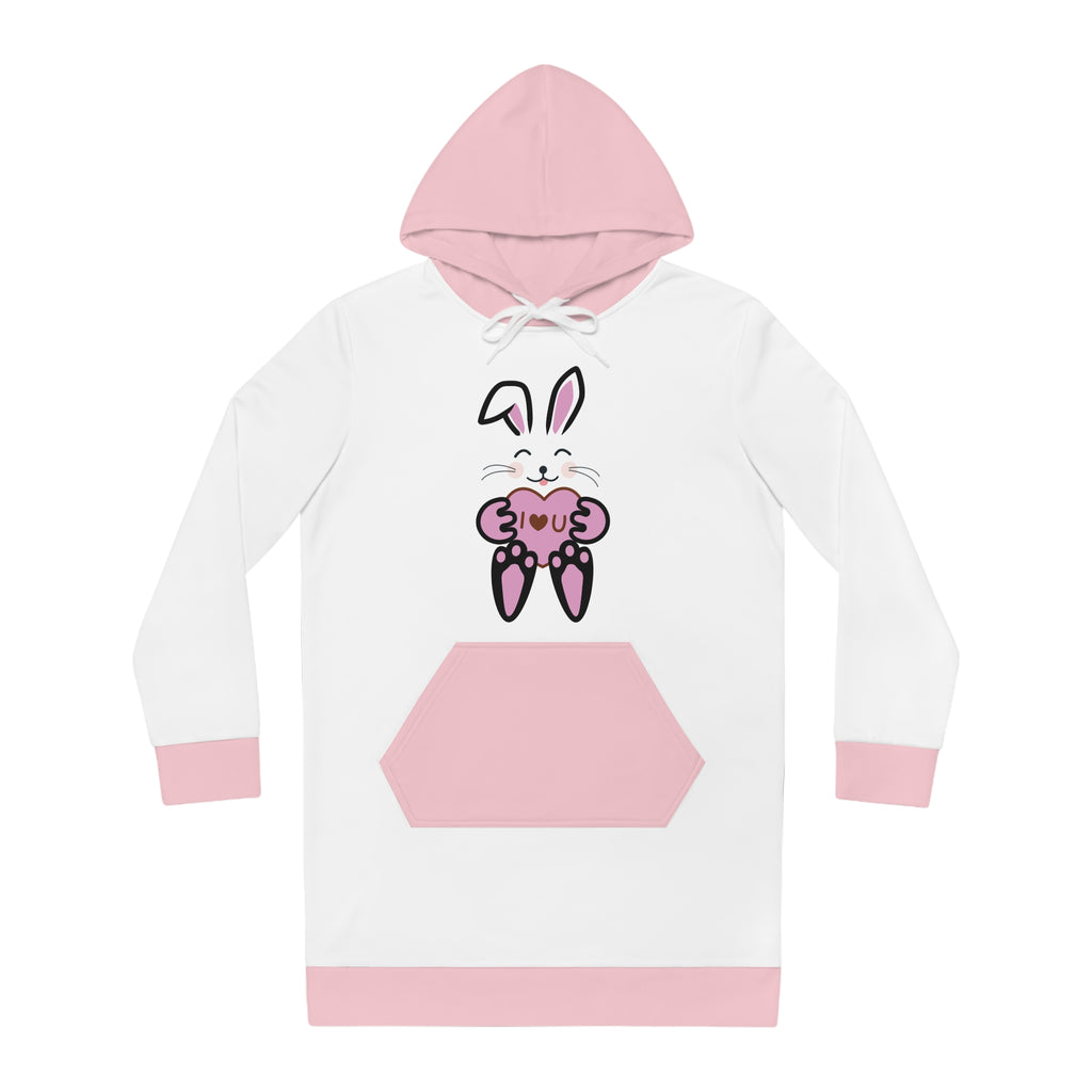 Cute Rabbit I Love You Women's Hoodie Dress, Valentine's Day Gift, Cozy Animal Graphic Sweatshirt Outfit, Bunny Lover Merch