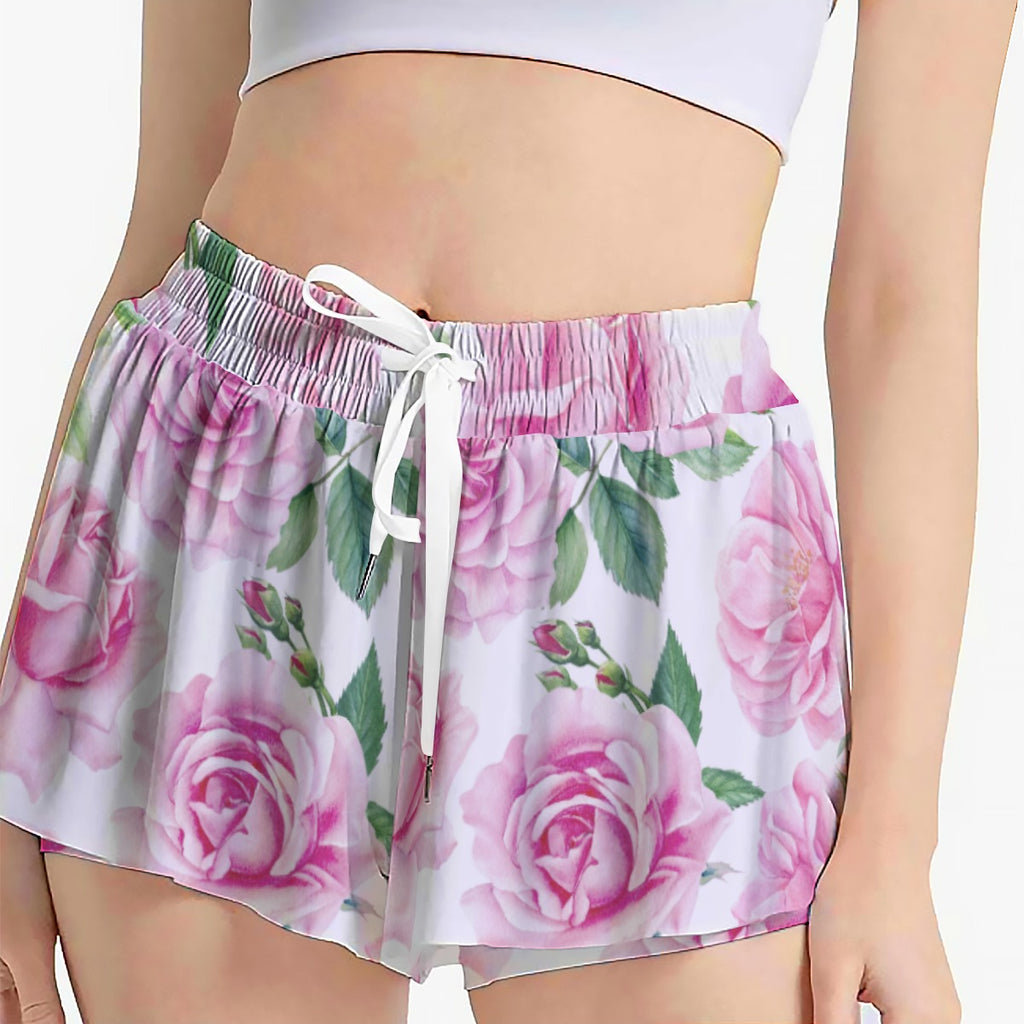 Floral Rose Skort – Pink High Waisted Skirt Shorts with Pockets