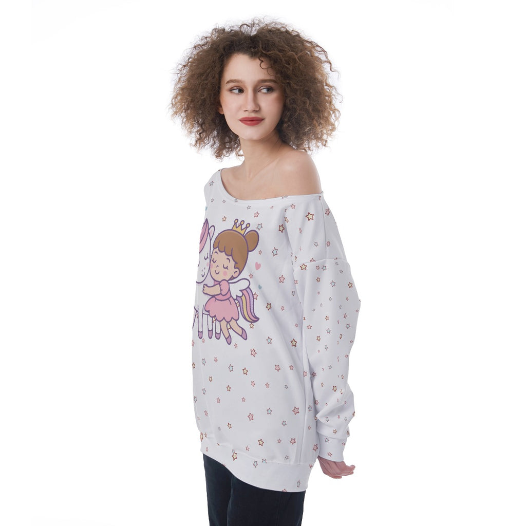 Kawaii Unicorn Princess Off-Shoulder Sweatshirt for Women - Cute Graphic Pullover in Scuba Fabric