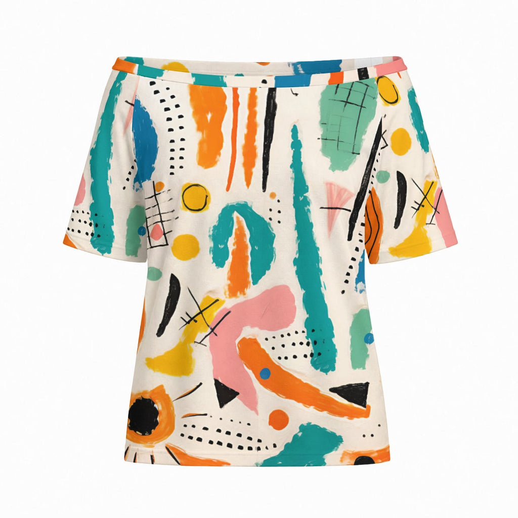 Abstract Off Shoulder Top – Colorful Wide Neck Casual Tee