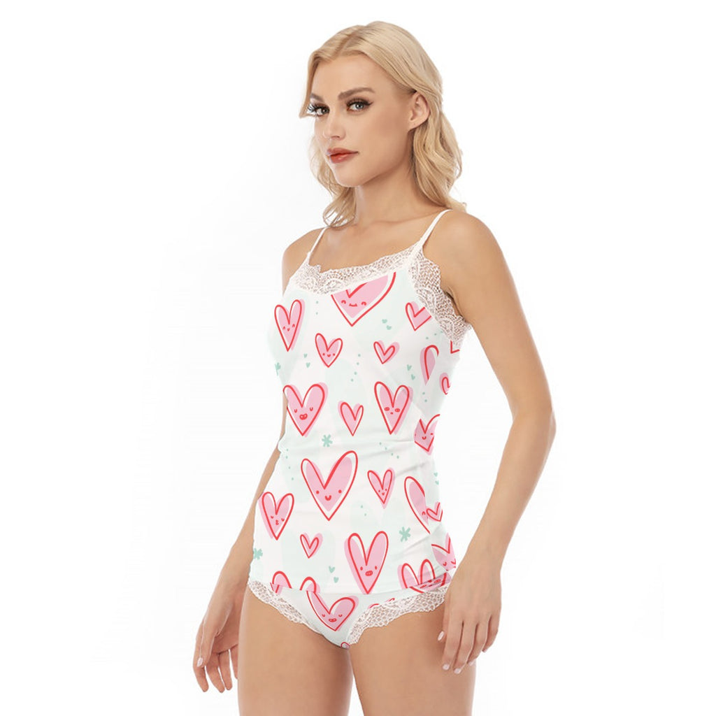Women's Heart Print Lace Trim Pajama Set - Sexy & Fashionable Cami Top and Shorts
