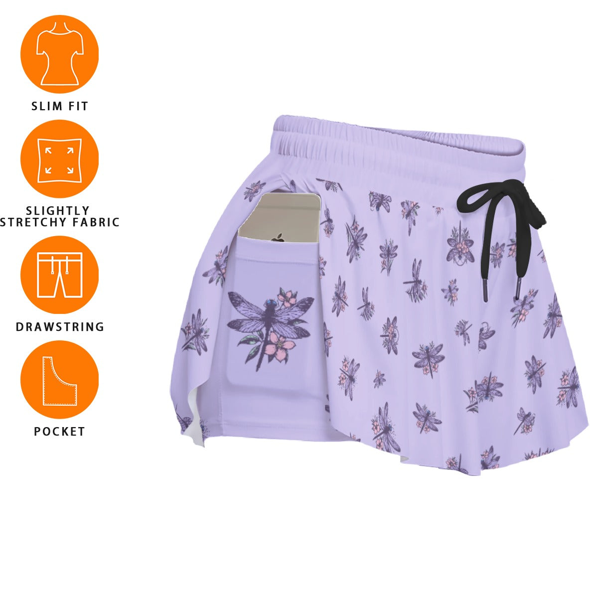 Purple Dragonfly Athletic Skort – Tennis Skirt with Built-In Shorts and Pockets