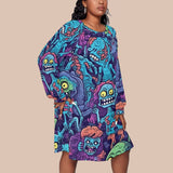 Zombie Cartoon Plus Size Long Sleeve Dress - Oversized Halloween Tunic with Raglan Sleeve