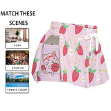 Kawaii Strawberry Cat Microfiber Sport Skorts - Pink Drawstring Athletic Skorts with Side Pockets