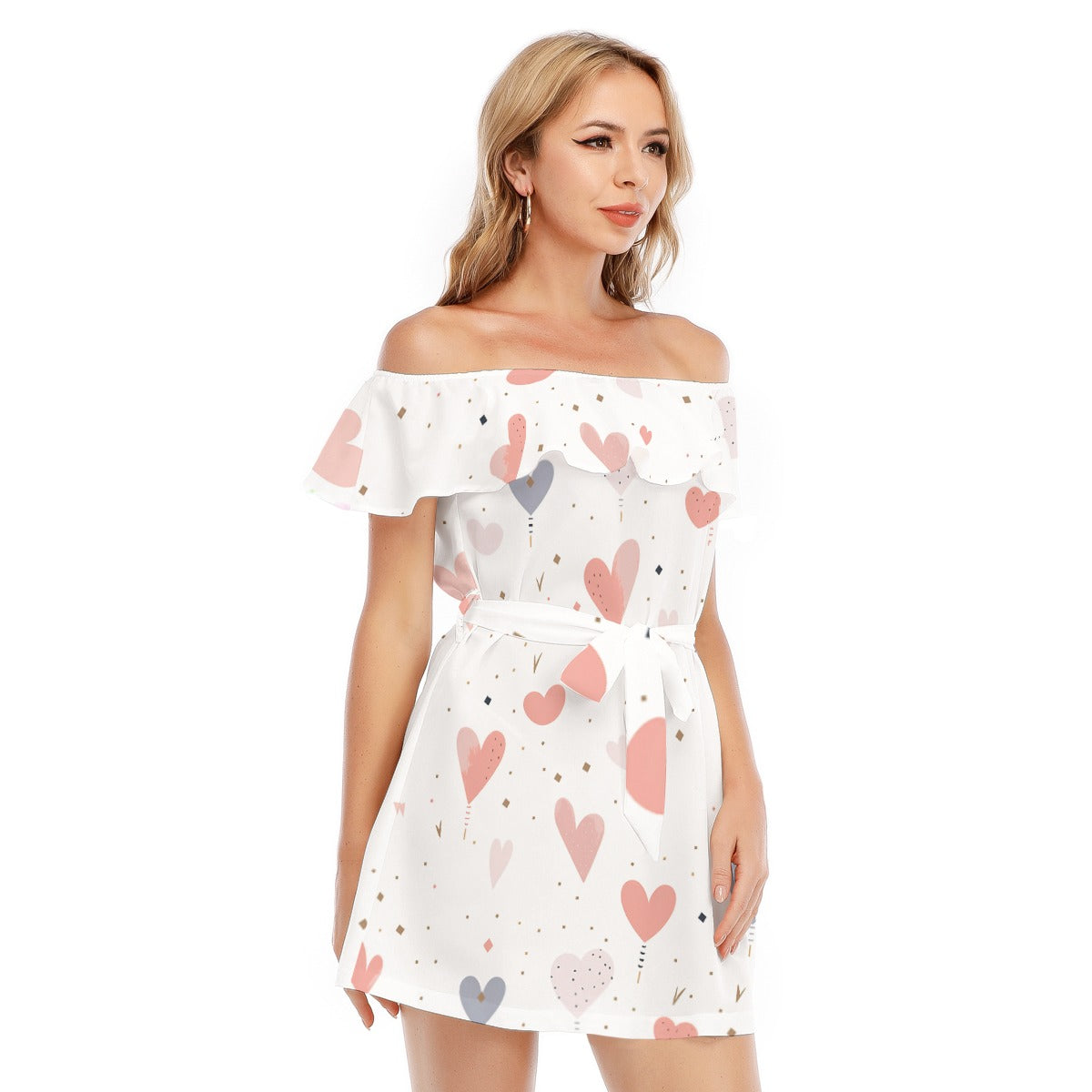 Kawaii Heaven Women's Off-Shoulder Ruffle Dress with Lotus Lace | Sweetheart Charm