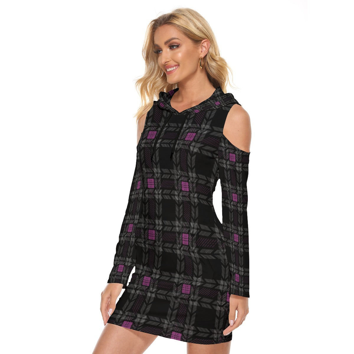 Cold Shoulder Hoodie Dress – Plaid Tunic Sweatshirt with Hood & Pocket