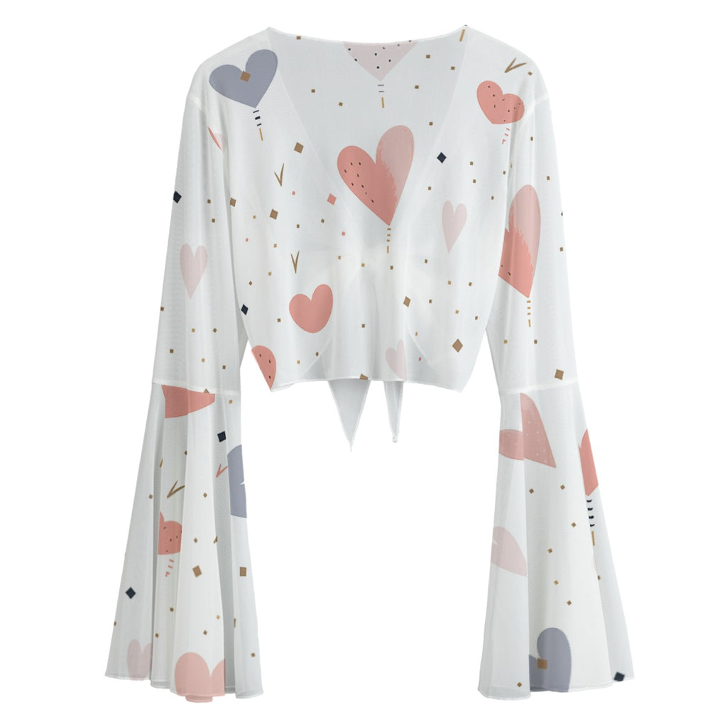 Kawaii Heaven Women's Romantic Hearts Mesh Blouse with Bell Sleeves