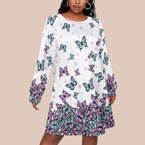 Kawaii Heaven Plus Size Butterfly Print Long Sleeve Raglan Jersey Dress