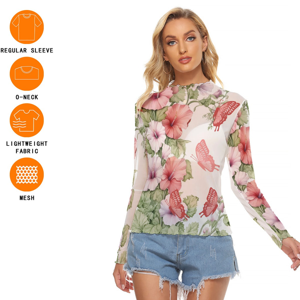 Floral Butterfly Mesh Long Sleeve T-Shirt for Women - Sexy Sheer Top with Pink Hibiscus Print