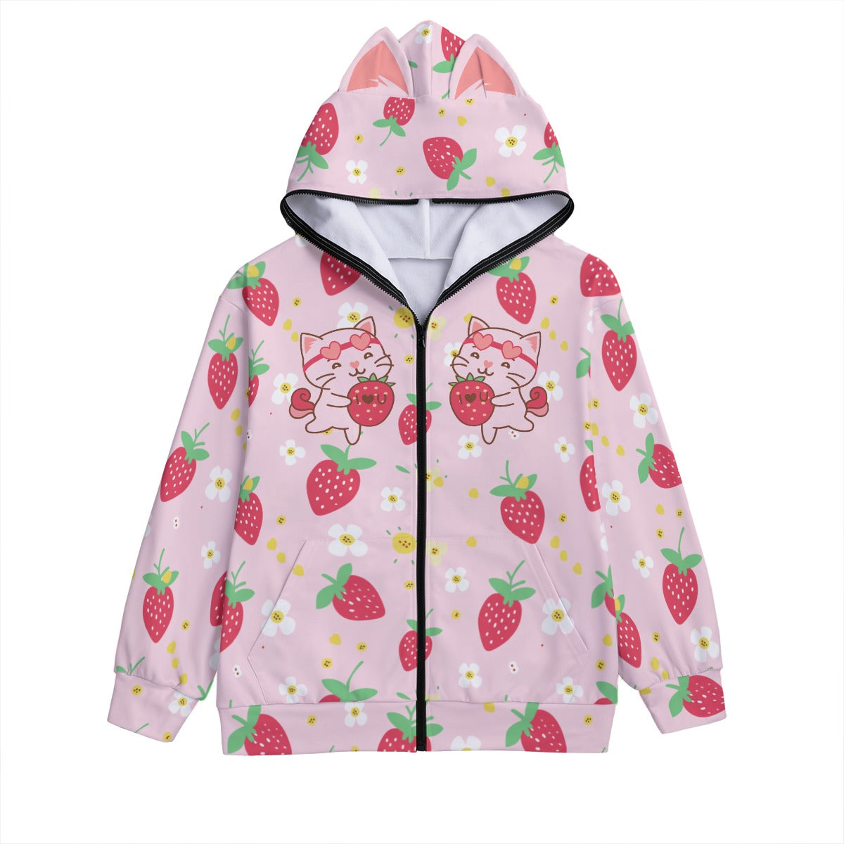 Kawaii Strawberry Cat Zip-Up Hoodie for Unisex - Pink Anime-Inspired Pullover with Decorative Ears