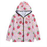 Kawaii Strawberry Cat Zip-Up Hoodie for Unisex - Pink Anime-Inspired Pullover with Decorative Ears