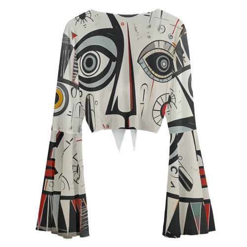 Abstract Muse Tie-Top Women's Blouse with Lace-Up Design and Bell Sleeves
