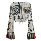 Abstract Muse Tie-Top Women's Blouse with Lace-Up Design and Bell Sleeves