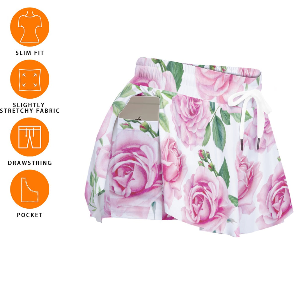 Floral Rose Skort – Pink High Waisted Skirt Shorts with Pockets